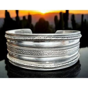 VTG Sterling Silver 925 Cuff Bracelet Boho Flowers Twisted Rope Southwest 33.4g